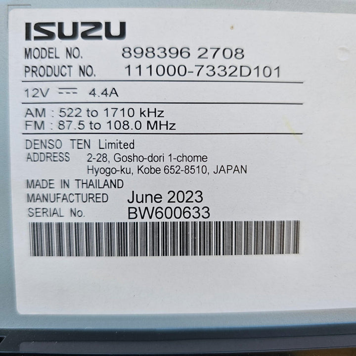 2023 Isuzu D-Max RG - Stereo Head Unit PN: 8983962708